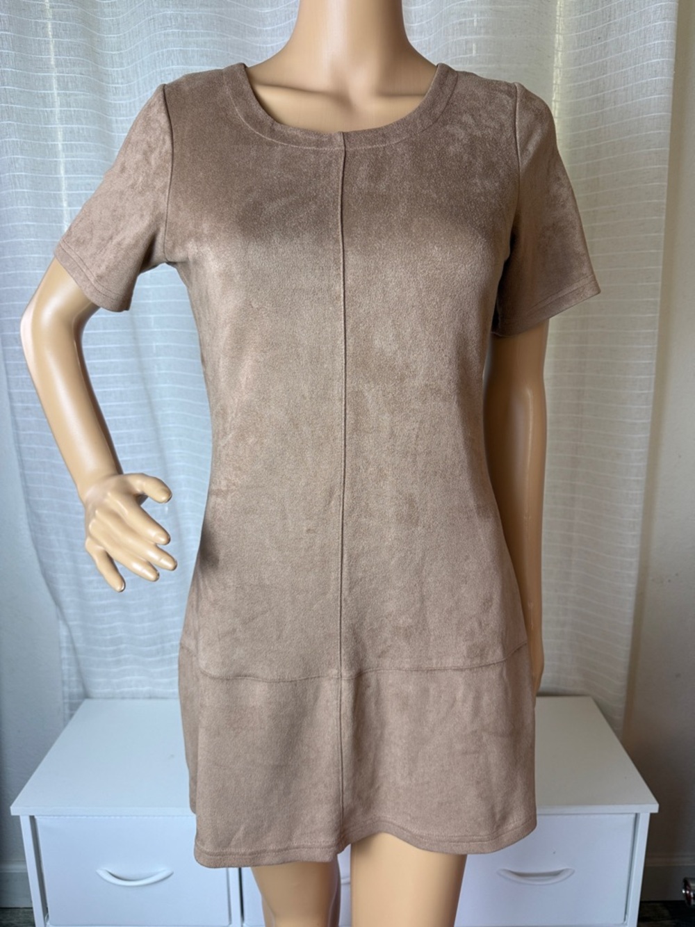 Paper Crane Short Sleeve Suede-Look Mini Dress in Taupe, Small